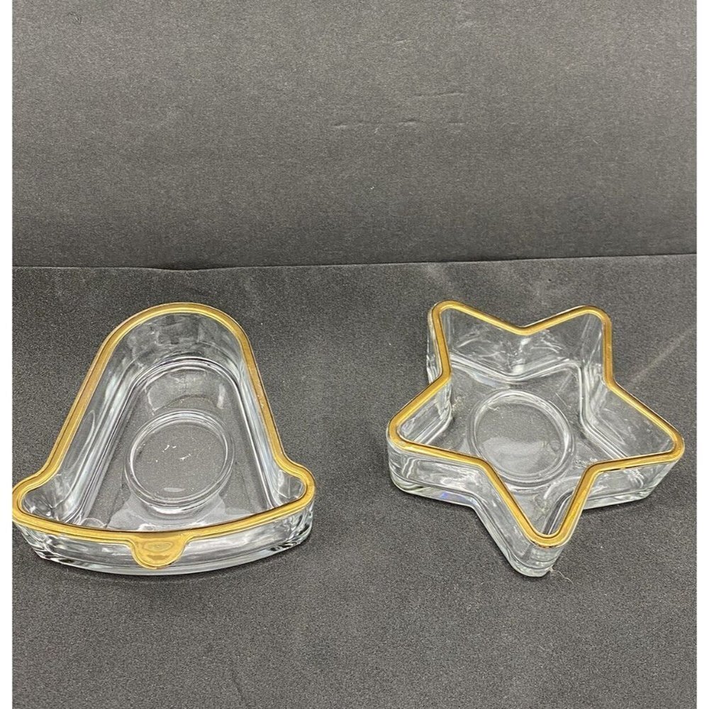 VTG Indiana Glass Christmas Bell & Star Candle Holders Holiday Gold Rim Set of 2